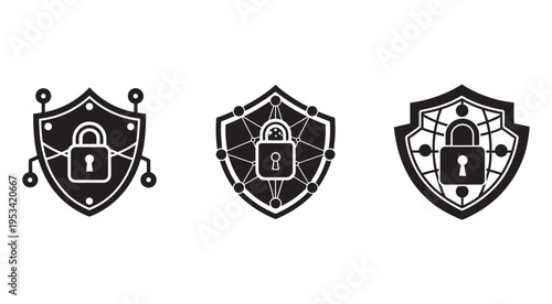 Security shield icons with locks and networks  cybersecurity symbols  protection and safety  digital defense  internet security  shield logos