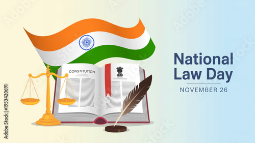 National law day india november 26 constitution illustration with indian flag scales and quill pen