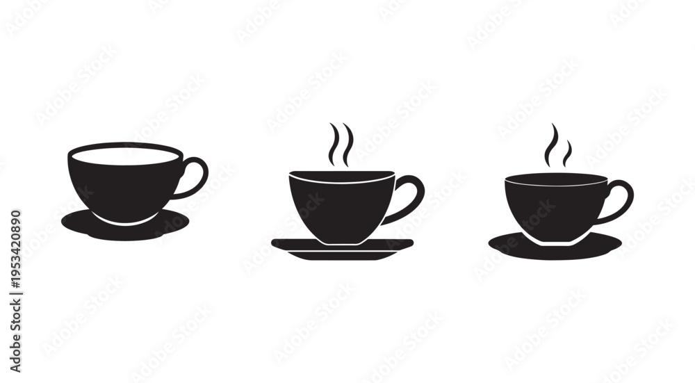 Obraz premium Set of black coffee cups with saucers and steam rising from two of them on white background coffee cups icons