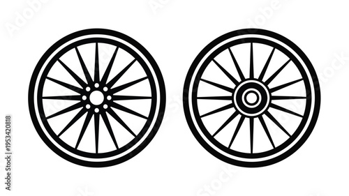 Two black bicycle wheels shown in a bold graphic silhouette