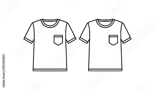 Black and White Vector Illustration of Two T-Shirts with Chest Pocket for Fashion, E-Commerce, and UI Design