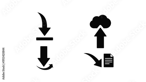 Download and upload icons depicted in a stark black silhouette