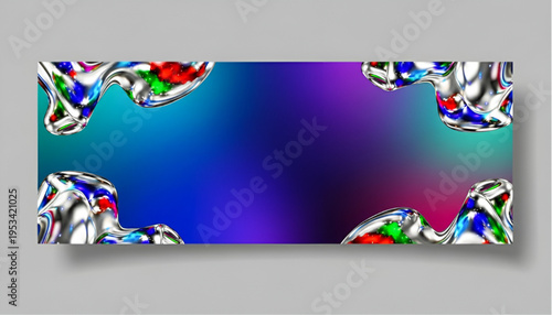 Abstract 3D Liquid Chrome Metal Organic Shapes on Blue and Purple Gradient Background Banner