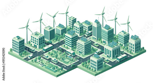Isometric Green Smart City with Wind Turbines Solar Panels and Sustainable Transportation