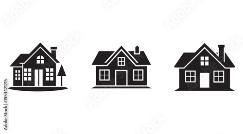 Set of simple house icons with white details on white background  residential buildings