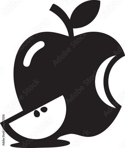 Apple vector graphic: black and white apple illustration with bite and slice eps silhouette