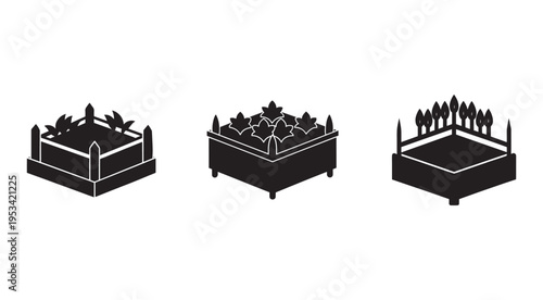 Set of garden planters with different plants and fences  isolated on white background