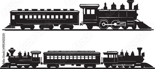 Vintage train silhouette vector: steam engine, passenger car graphic eps