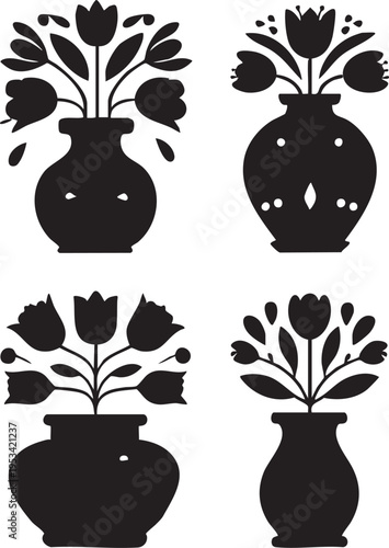 Black and white flower vase vector set - floral design elements eps silhouette