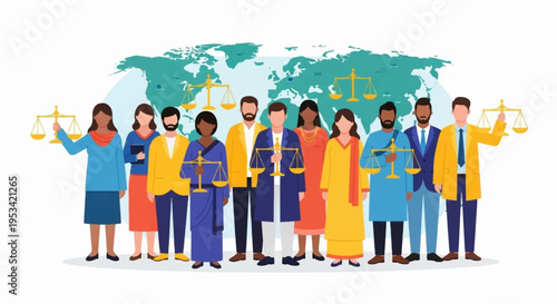 Diverse group of people holding scales in front of world map symbolizing global justice and equality concept