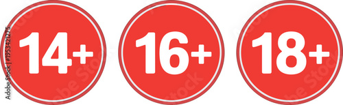 Red circular badges with white text indicating age restrictions 14+ 16+ 18 red circle age restriction badge
