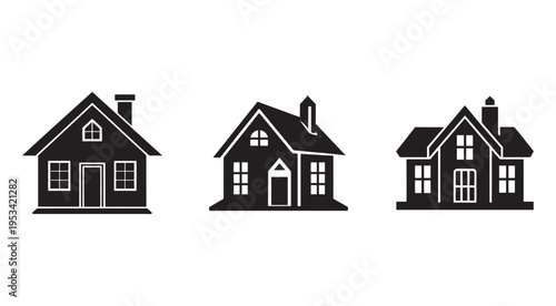 Set of simple house silhouettes in different styles and shapes with white outlines on plain white background