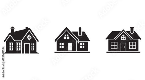 Set of simple house silhouettes with white outlines on white background  homes and buildings