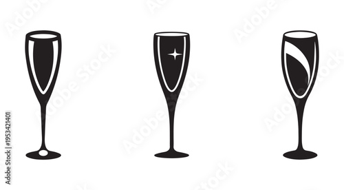 Set of three champagne flutes in black silhouette on white background for celebration and party design