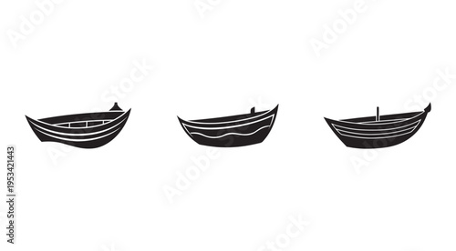 Set of three different black boat designs  isolated on white background  simple vector graphics
