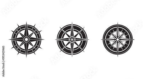 Set of three different black nautical compass rose icons on white background for navigation and direction  various styles