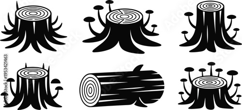 Tree stump silhouettes vector set, cut trunk with mushrooms roots forest nature illustration collection
