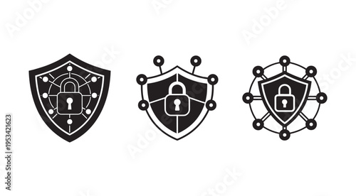 Shield and lock icons with network connections for security and protection concepts  cybersecurity and data safety symbols