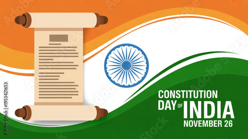 Constitution day of india november 26 celebration with indian flag and scroll
