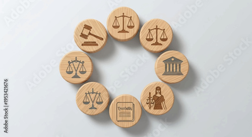 Wooden law symbols arranged in circle on white background representing justice and legal concepts