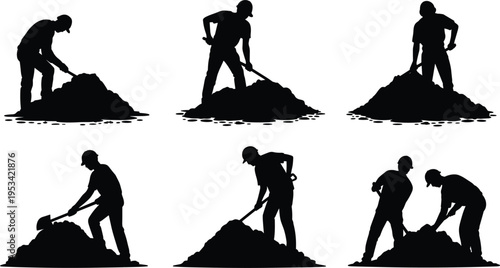 Construction workers digging silhouettes vector set, manual labor men with shovel excavation isolated illustration