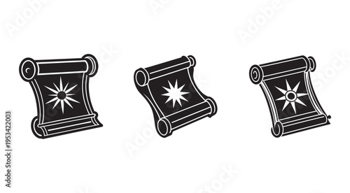 Three black and white illustrations of antique scrolls with starburst designs on white background  scrolls are curled at both ends and have a starburst symbol in the center