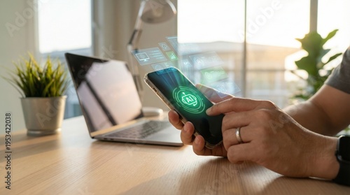 Hands using smartphone with AI automation icon beside laptop in home office.