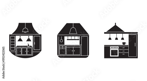 Three black and white kitchen interior designs with different layouts and lighting fixtures  modern home decor concepts