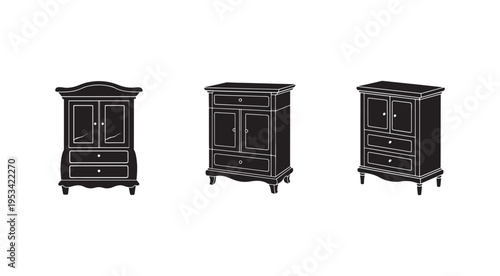 Three black and white silhouettes of different wardrobes with drawers and cabinets on white background  furniture designs
