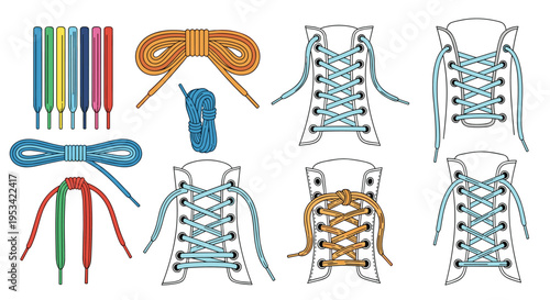 Educational graphic showing multiple techniques for lacing shoes alongside a collection of colorful shoelaces and tied knots.