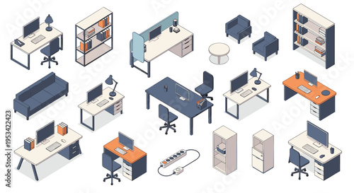 Comprehensive isometric collection of office furniture including desks, chairs, shelves, computers, printers, and lounge seating for workspace design.