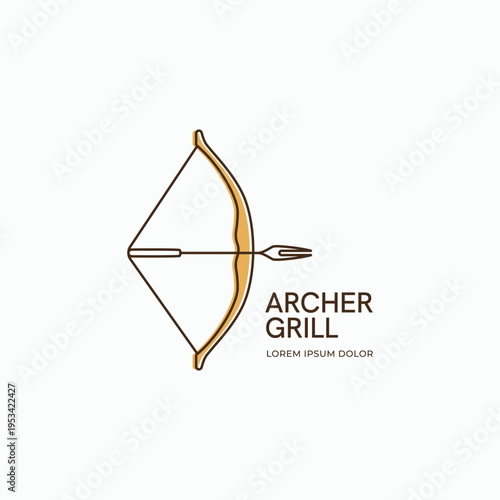 Arch bow with grill fork logo design simple linear style. Food cafe restaurant business symbol logo icon. Barbeque grill party unique poster banner