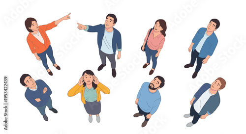 Group of people in casual attire shown from a high angle looking up, shouting, and pointing at something above them.