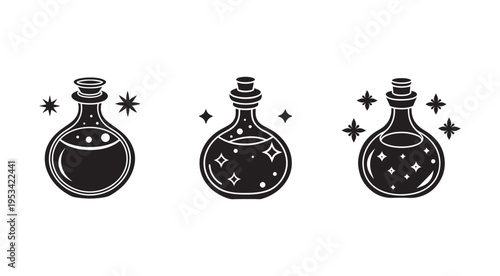 Three black bottles with stars and bubbles on white background  magic potion bottles with sparkles  fantasy illustrations