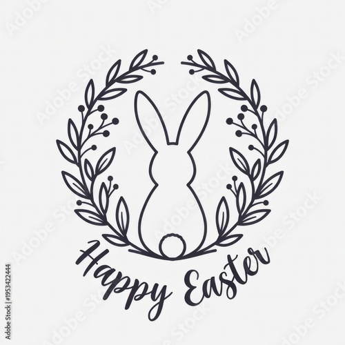 A minimalist line drawing of a bunny's ears atop an Easter egg, surrounded by small flowers and grass. The design uses fine black lines on a clean white background, evoking a playful and springtime vi