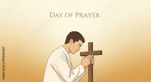 Man praying with a cross on a serene background with warm lighting and a peaceful atmosphere