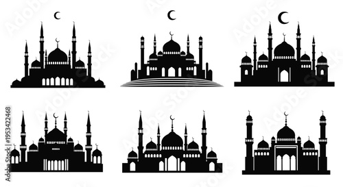 Elegant set of six black mosque silhouettes featuring different architectural styles, domes, and minarets topped with crescent moons.