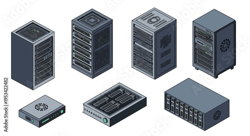 High-tech isometric collection of data center server racks, networking hardware, and computer storage units for IT infrastructure.