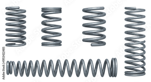 Selection of industrial metal compression springs in different sizes, lengths, and wire thicknesses for mechanical engineering and manufacturing.