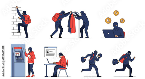 Set of criminal activity illustrations including a burglar climbing a wall, shoplifting, cybercrime, and stealing from an ATM.