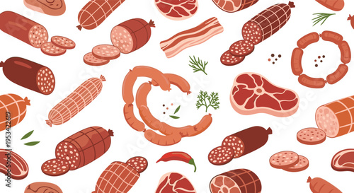 Tasty seamless pattern featuring an assortment of meat products like salami, pepperoni, bacon, ham, and different types of sausages.