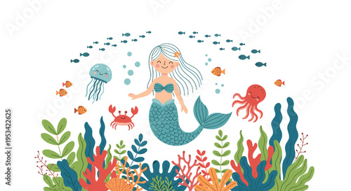 Whimsical underwater illustration featuring a cute mermaid surrounded by a jellyfish, octopus, crab, seaweeds, and colorful fish.