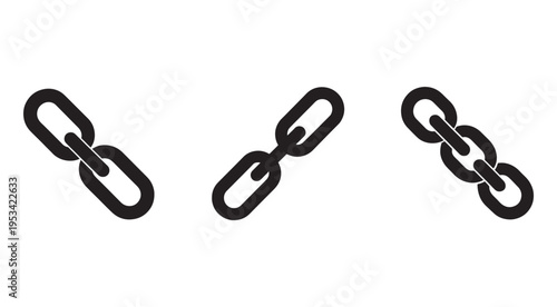 Three black chain links in different positions on white background  chain icons  linking symbols
