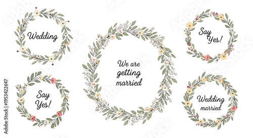 Collection of six elegant floral wreaths with hand-written romantic messages like Wedding, Say Yes, and We are getting married.