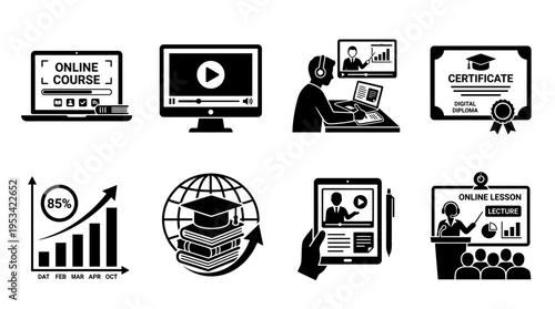 Online Education Icons – Digital Courses, Certificates, and Learning Tools