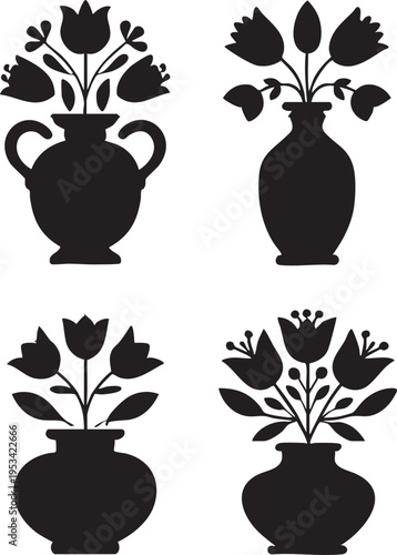 Black and white flower vase vector set - floral design elements eps silhouette