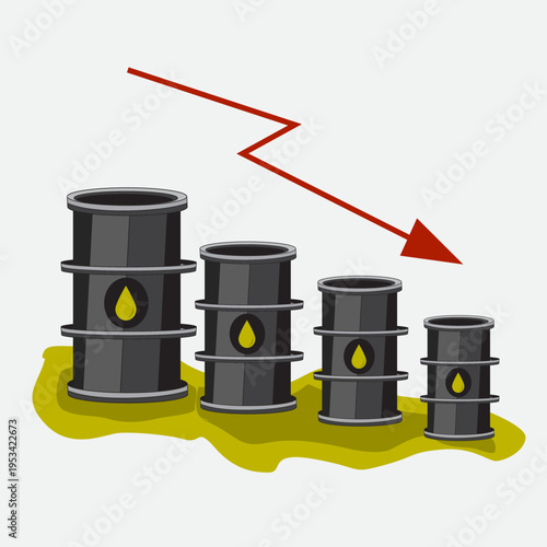 Vector illustration of oil barrels with downward red arrow, symbolizing falling oil prices, market decline, economic crisis, and volatility in the global energy and petroleum industry.