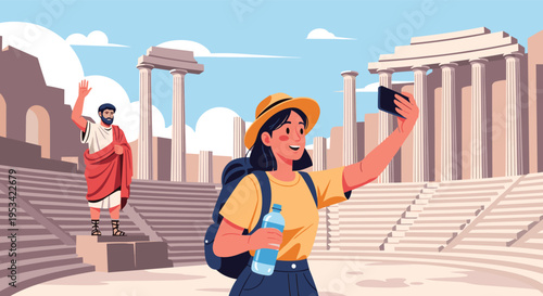 Cheerful female tourist with a backpack taking a selfie at an ancient roman forum with historical columns and a person in a toga.
