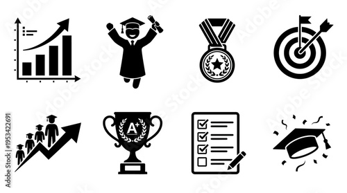 Education Achievement Icons – Success, Goals, and Academic Progress