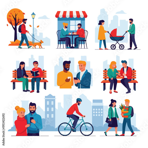 Urban life scenes; individuals engaged in various activities
